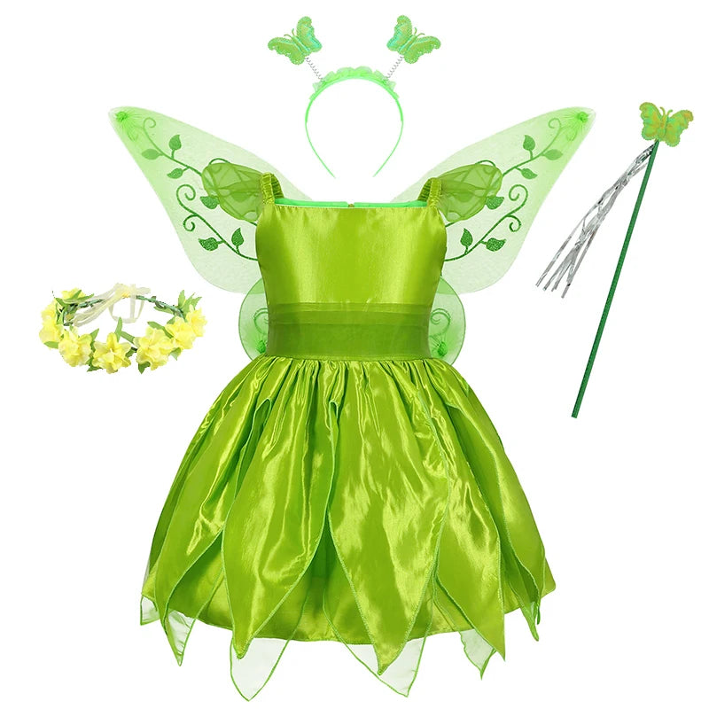 Tinkerbell Fairy Princess Dress — Green Elf Costume with Wings for Girls