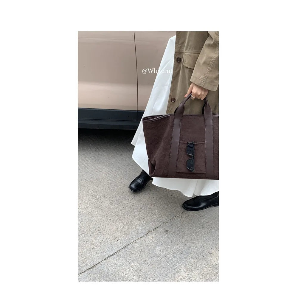 Large Capacity Retro Faux Suede Shoulder Tote Bag – Luxury Commuter Travel Handbag for Women