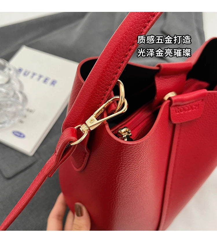 Fashion Simple PU Leather Bucket Shoulder Bag – Luxury Commuter Handbag for Women