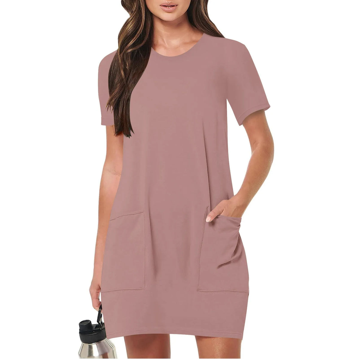 Solid Color Pocket Casual Sports Dress — Short Sleeve O-Neck A-Line Knee-Length Dress