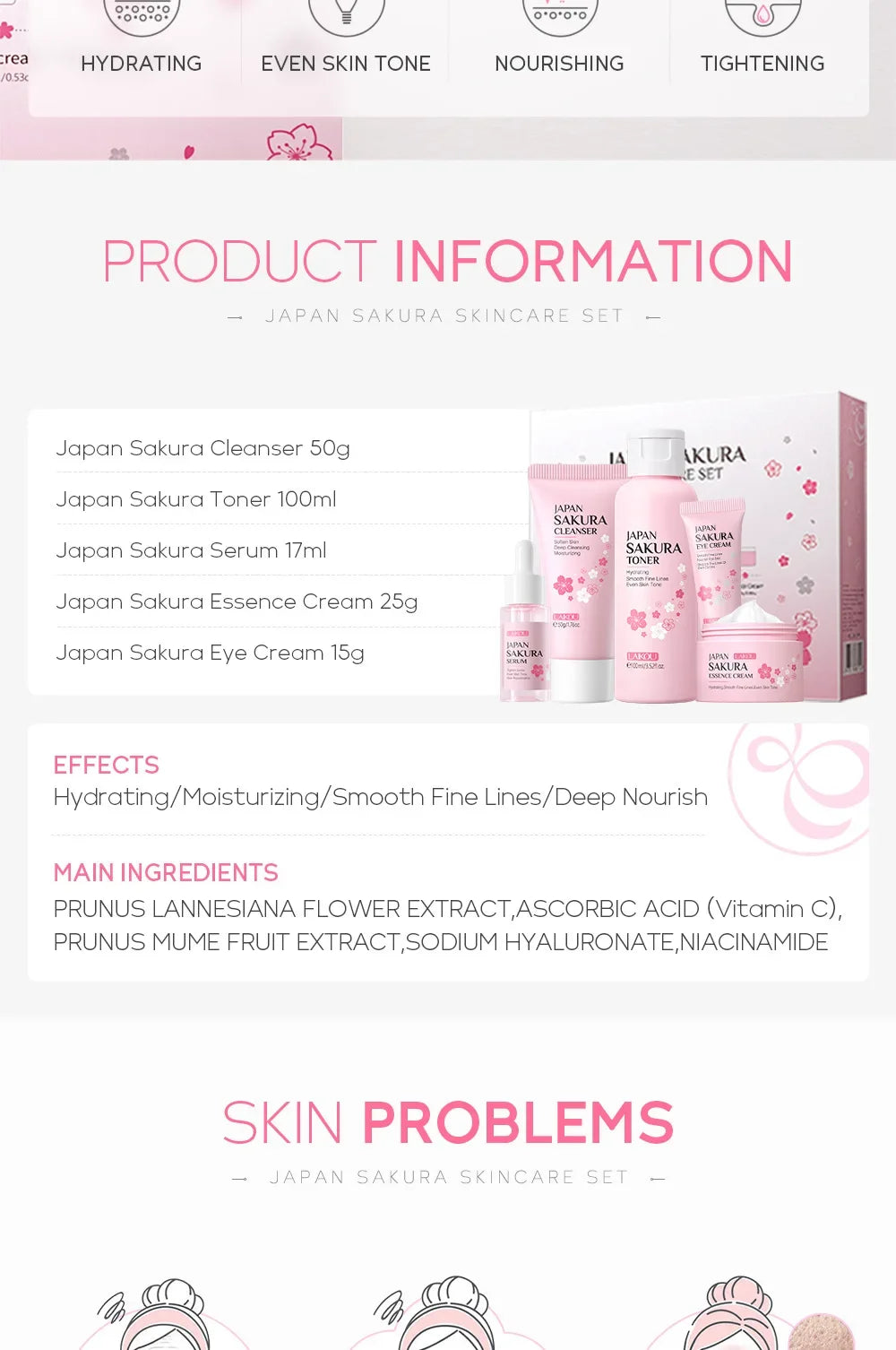 LAIKOU Sakura 5-Piece Korean Skincare Gift Set — Moisturizing & Brightening Routine