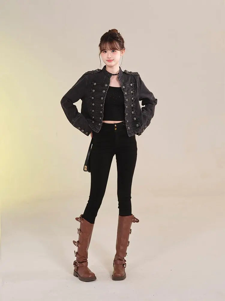 Women's Retro Button Slim Stand Collar Denim Jacket – Short Jean Coat in Black