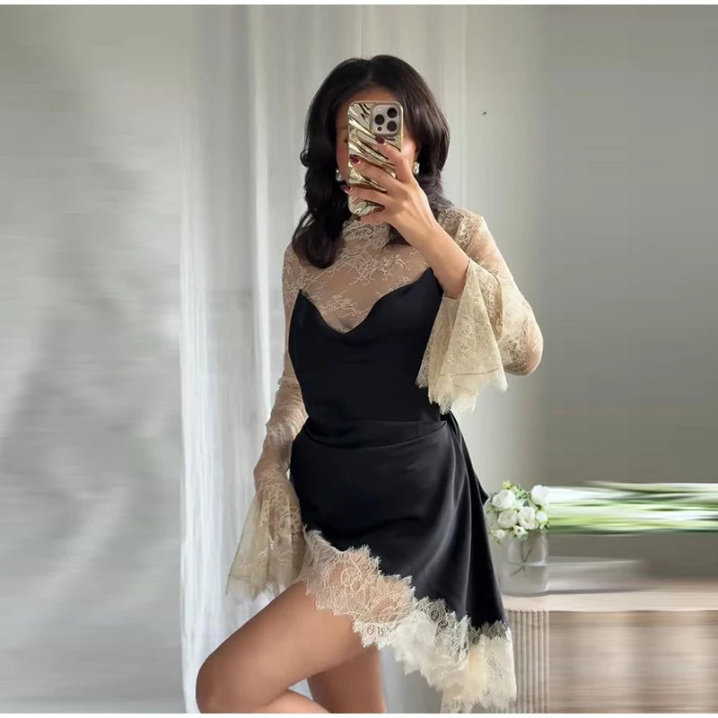 Lace Trim Satin Mini Dress — High Neck Color Block Y2K Party Clubwear