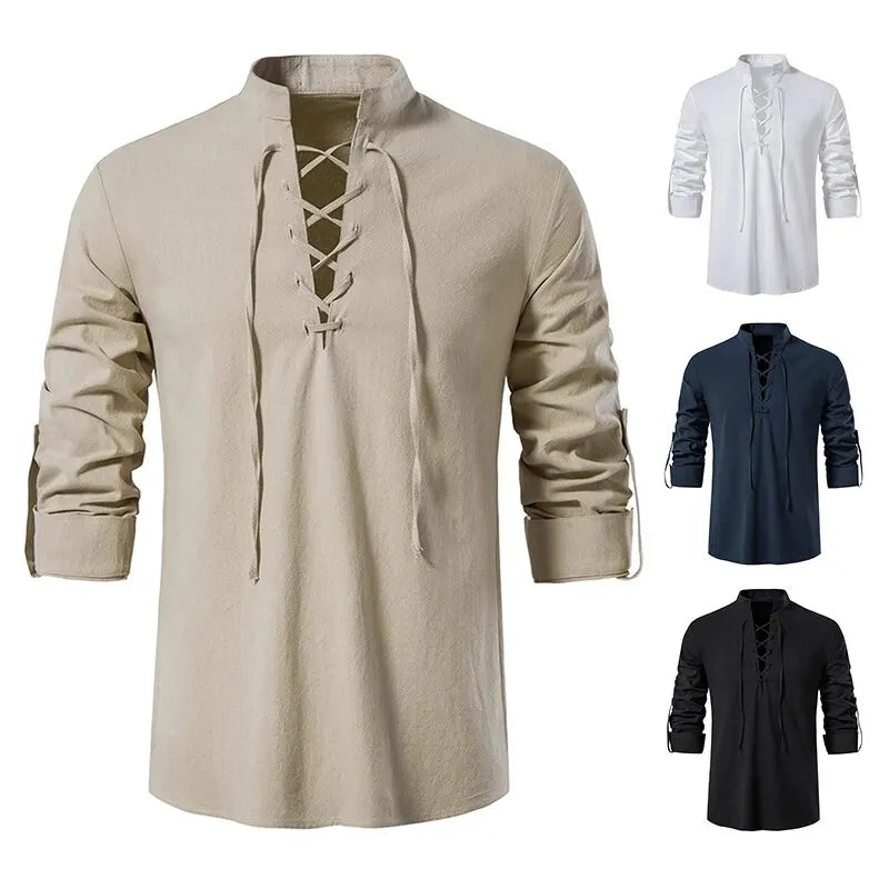 Men's Cotton Linen Drawstring Long Sleeve Shirt — Vintage Casual US Size Top