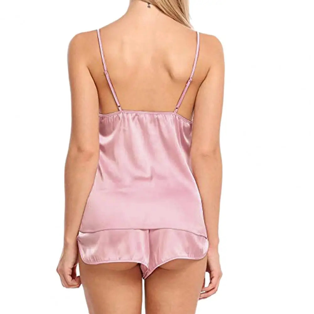 Low Cut Vest & Shorts Sleepwear Set — Solid Color Summer Nightwear