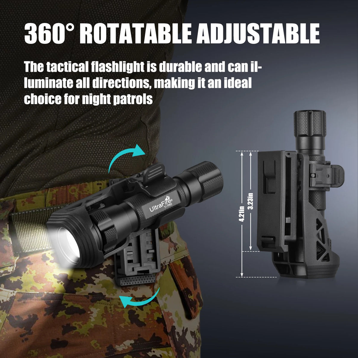 UltraFire T1 Pro Tactical Flashlight – 1200 Lumen, 5 Modes, W66 Belt Holster, IP65, 18650 Rechargeable