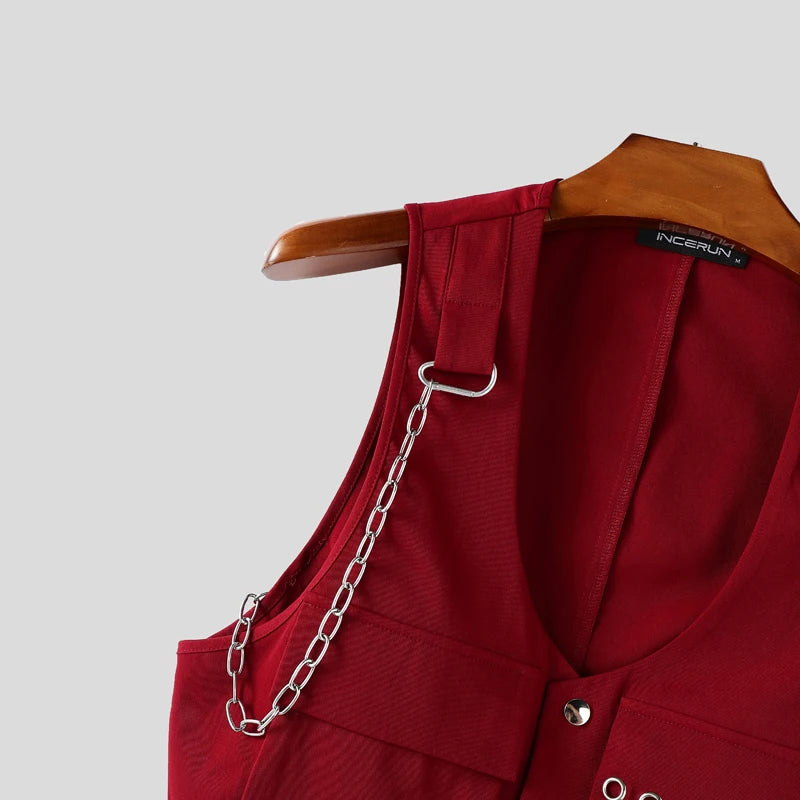 INCERUN Men's V-Neck Sleeveless Crop Vest — Solid Color Streetwear Waistcoat