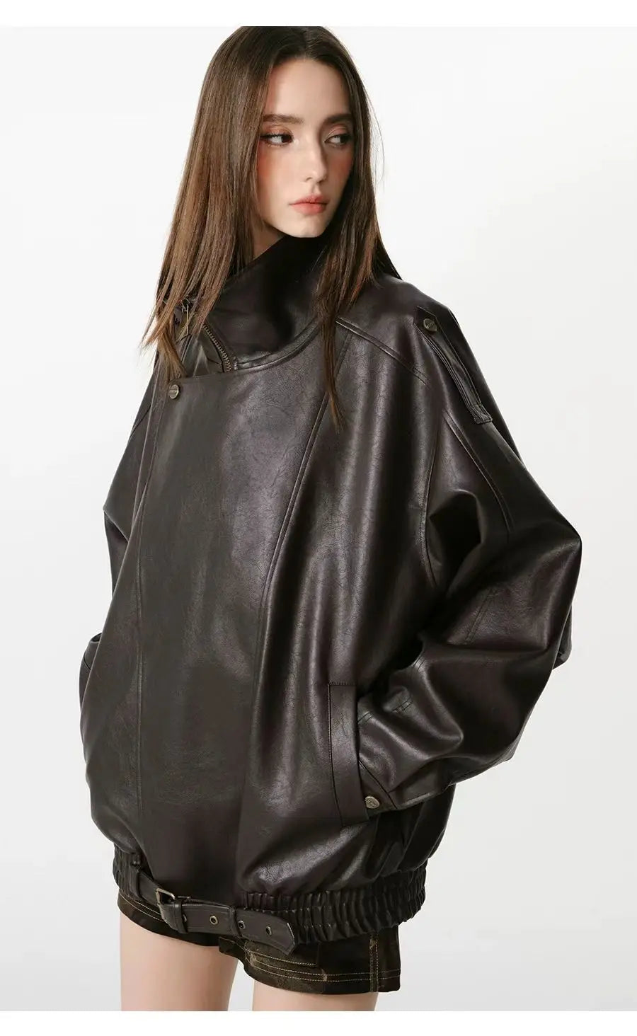 Women's Faux Leather Jacket – Loose Fit Zip Front