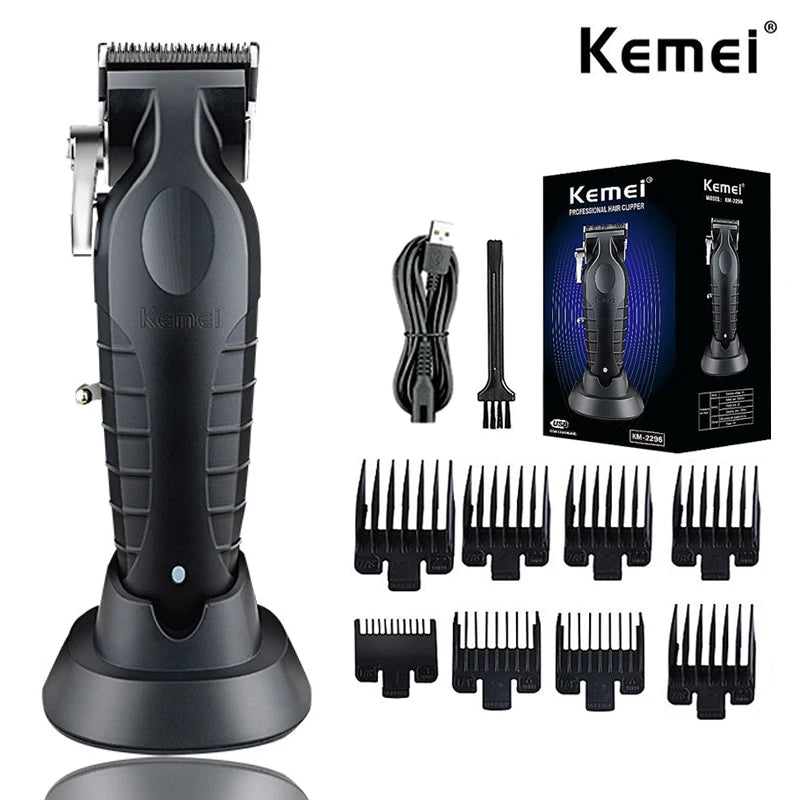 Kemei KM-2296 Professional Hair Clipper – Seat Charger, Stainless Steel Blade, 90-Min Battery, Cordless
