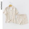 Women's Satin Willow Print Pajama Set | Short Sleeve Shorts Summer Nightwear Loungewear