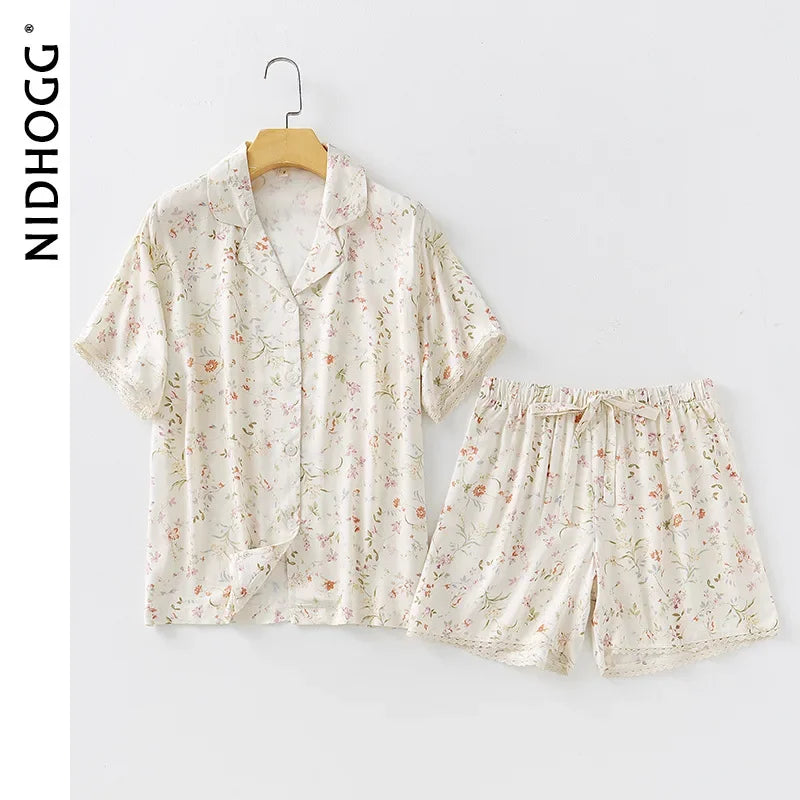 Women's Satin Willow Print Pajama Set | Short Sleeve Shorts Summer Nightwear Loungewear
