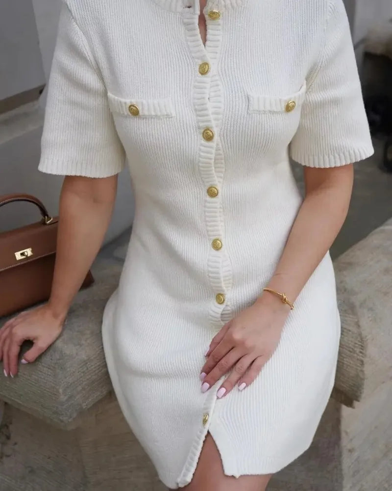 Elegant Knit Rib Mini Dress — High Waist Short Sleeve Bodycon Sweater Dress
