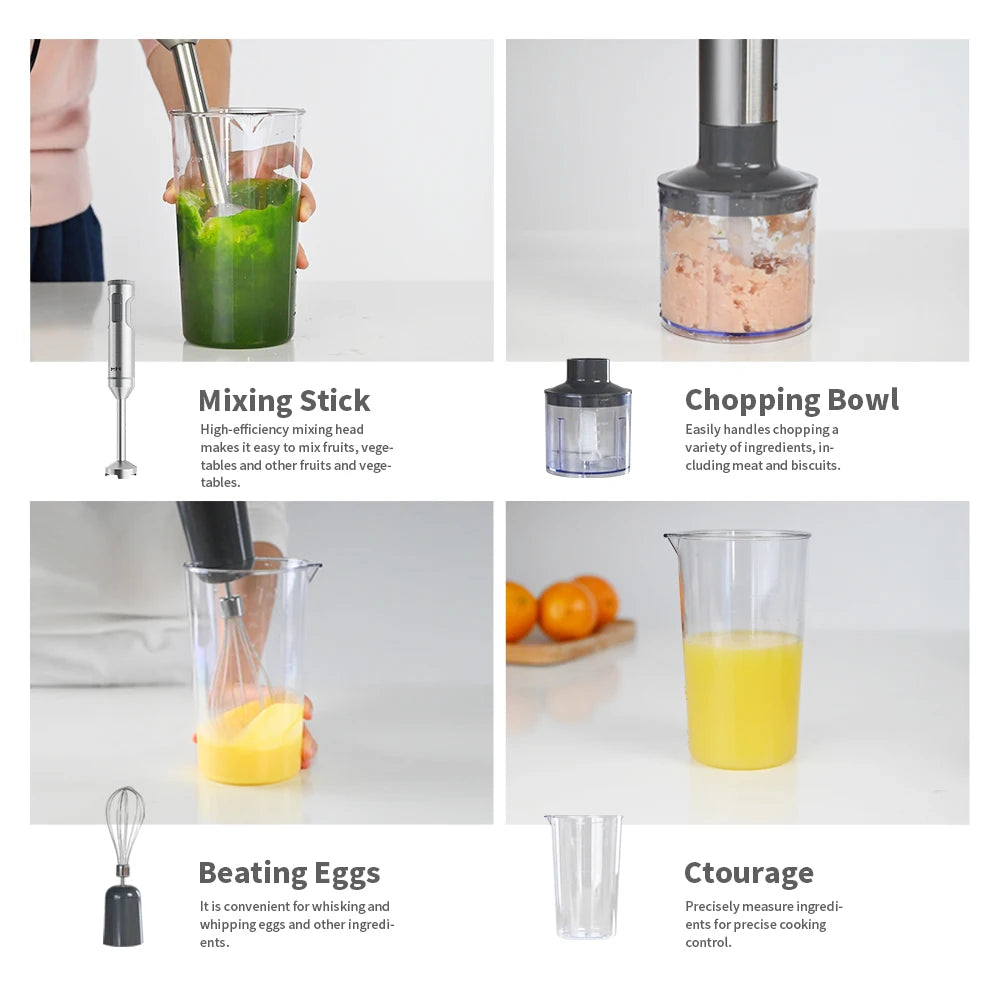 4-in-1 Hand Immersion Blender – Stainless Steel Stick Mixer, 700ml Beaker, 500ml Processor & Whisk
