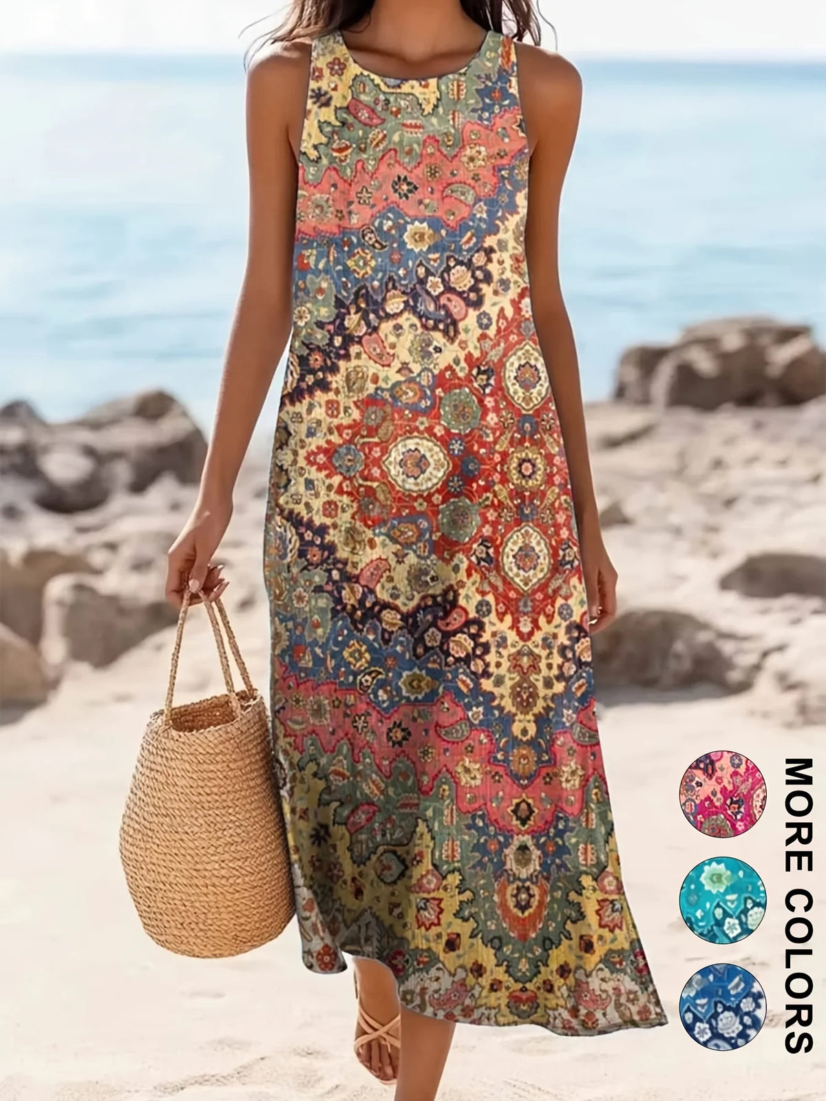 Women's Bohemian Floral Sleeveless MIDI Sundress with Pockets – Loose Sweetheart Beach Dress 2026