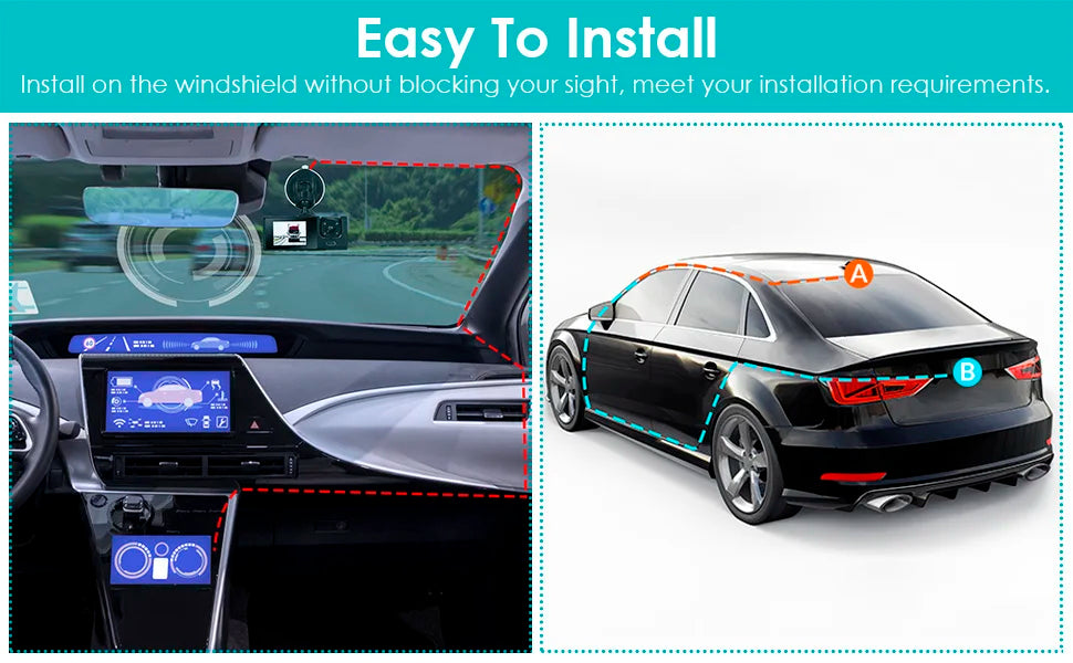1080P 2/3-Lens WiFi Dash Cam – Front, Rear & Interior, Night Vision, G-Sensor, Loop Recording