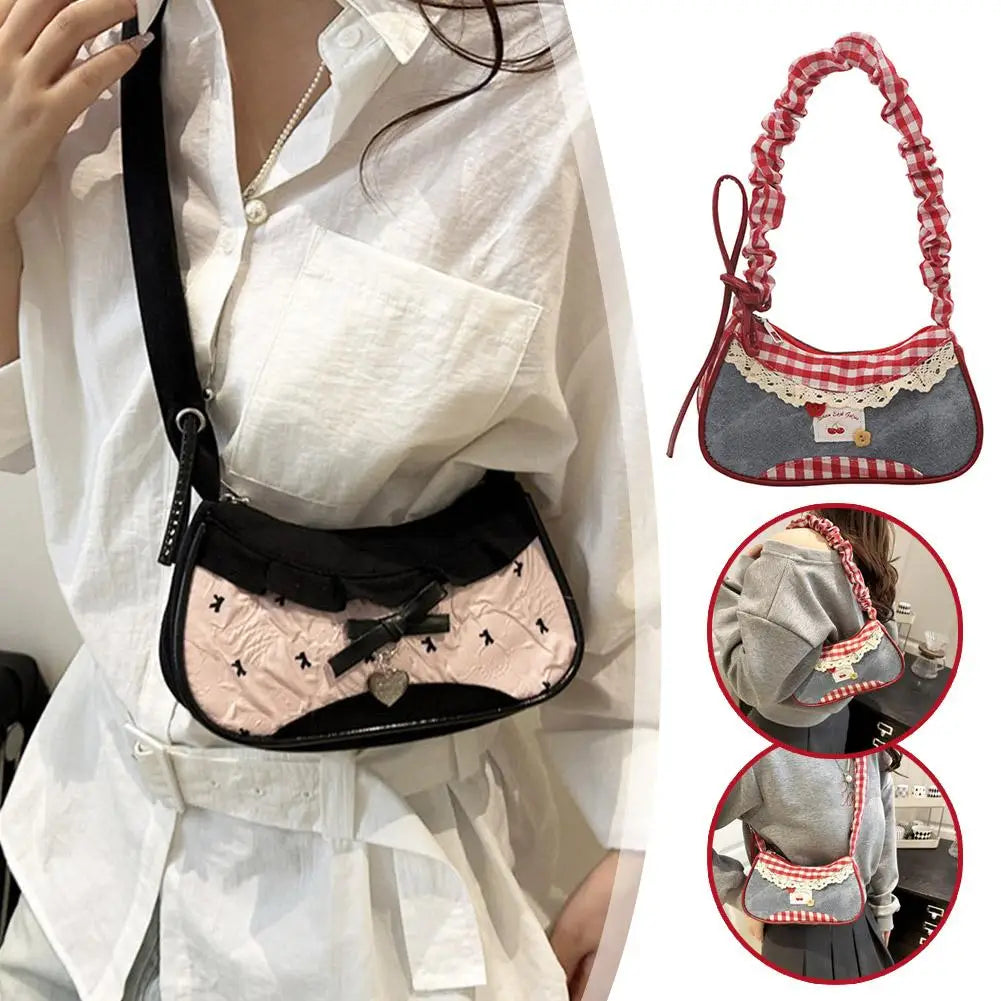 Y2K Checkered Lace Bowknot Shoulder Bag – Sweet Underarm Crossbody Bag for Women