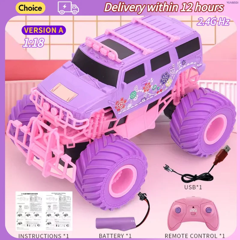 A purple and pink plastic remote control monster truck toy with oversized wheels, shown with a USB charging cable, remote control, battery, and instruction booklet on a pink and white graphic background with text overlays.