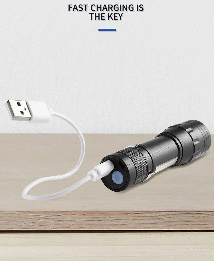 USB Rechargeable Mini Zoomable Flashlight – COB+XPE 3-Mode Camping & Emergency Torch