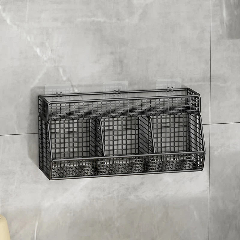 Screwless Wall-Mounted 3-Compartment Kitchen Storage Rack – Multi-Use Iron Organizer for Kitchen & Home