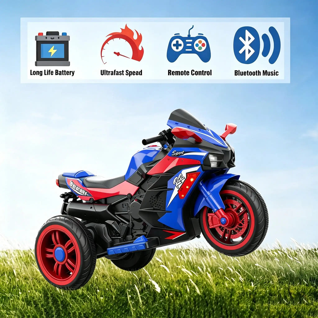 12V Kids Ride-On Motorcycle – Three-Wheel Electric Toy with Remote