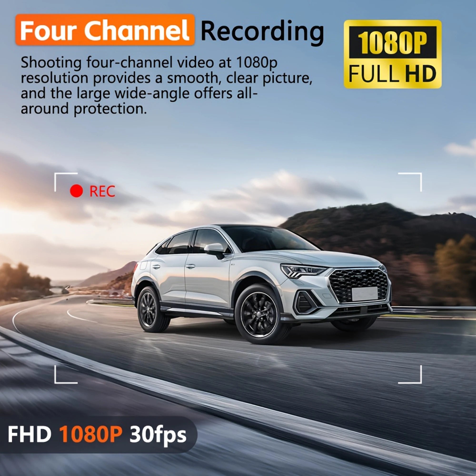 4-Channel WiFi Dashcam – FHD 1080P, Night Vision, Loop Recording, Parking Monitor | Front + Rear + Side