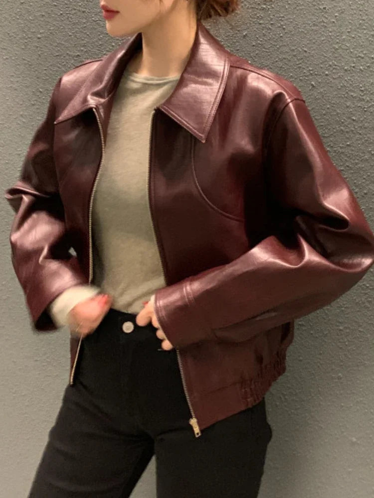Women's Cropped Faux Leather Jacket – Lapel Zip Front