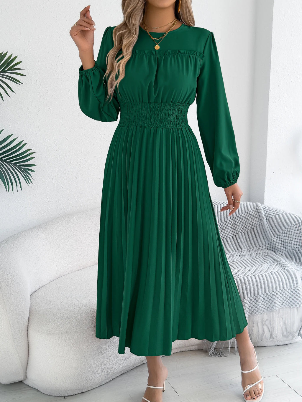 Elegant Dresses Women 2026 Autumn Winter Casual Solid Color High Waist Long Sleeve Maxi Dress Khaki Green Blue Woman Clothing