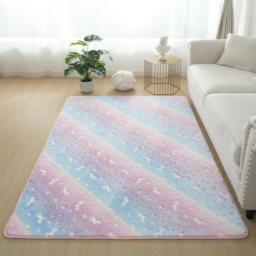 Rainbow Unicorn Glow in the Dark Area Rug – Large Kids Room Carpet with Stars