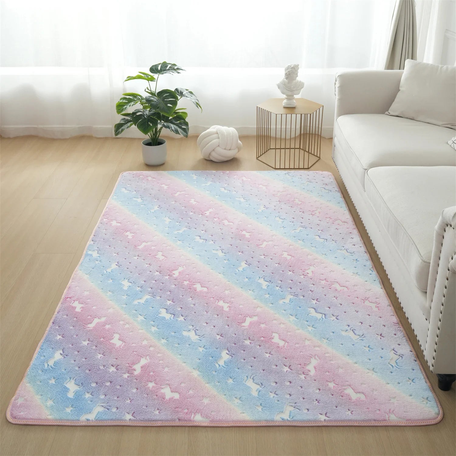 Rainbow Unicorn Glow in the Dark Area Rug – Large Kids Room Carpet with Stars