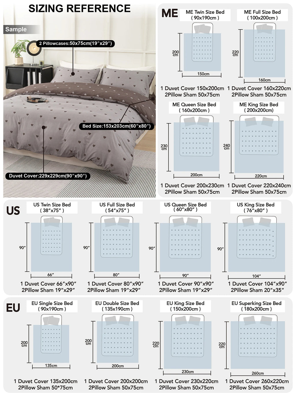 Heart Print Duvet Cover Set – Soft 3-Piece Bedding with 2 Pillowcases, 3 Colors & 11 Sizes