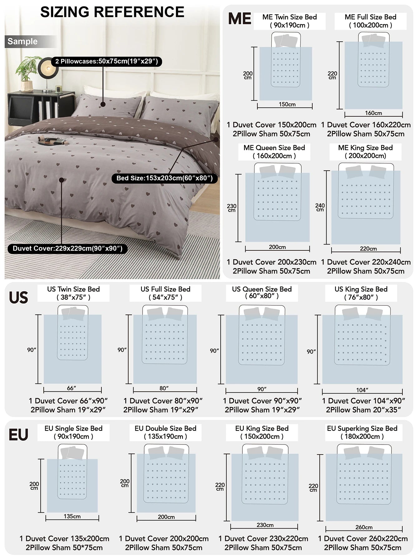 Heart Print Duvet Cover Set – Soft 3-Piece Bedding with 2 Pillowcases, 3 Colors & 11 Sizes