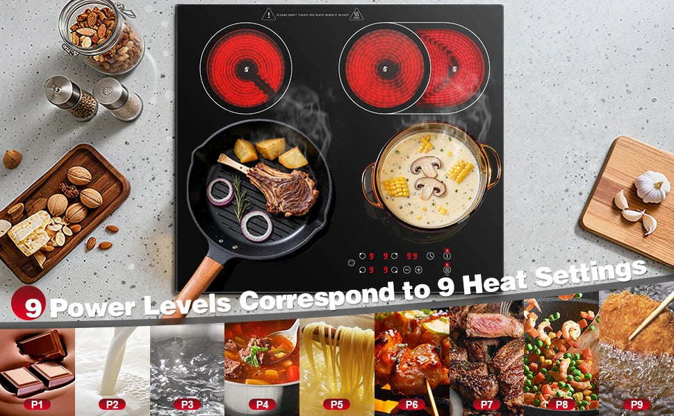 2-Zone Ceramic Hob – 3000W, Child Lock, 9 Heat Levels, 1-99 Min Timer, 60cm Black Glass (CE Certified)