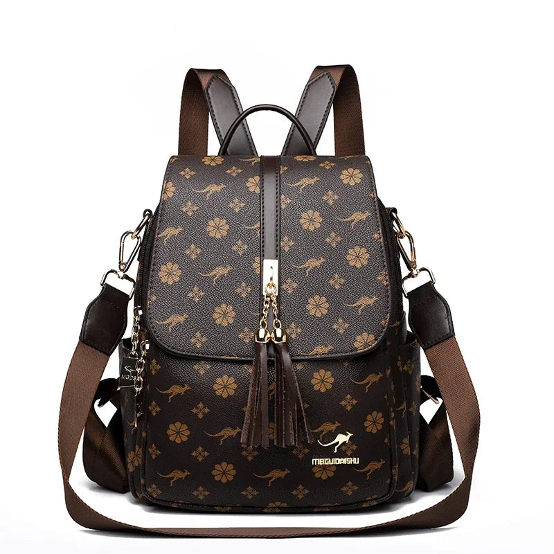 Women's Luxury Leather Backpack – Vintage Print Tassel Fashion Bag