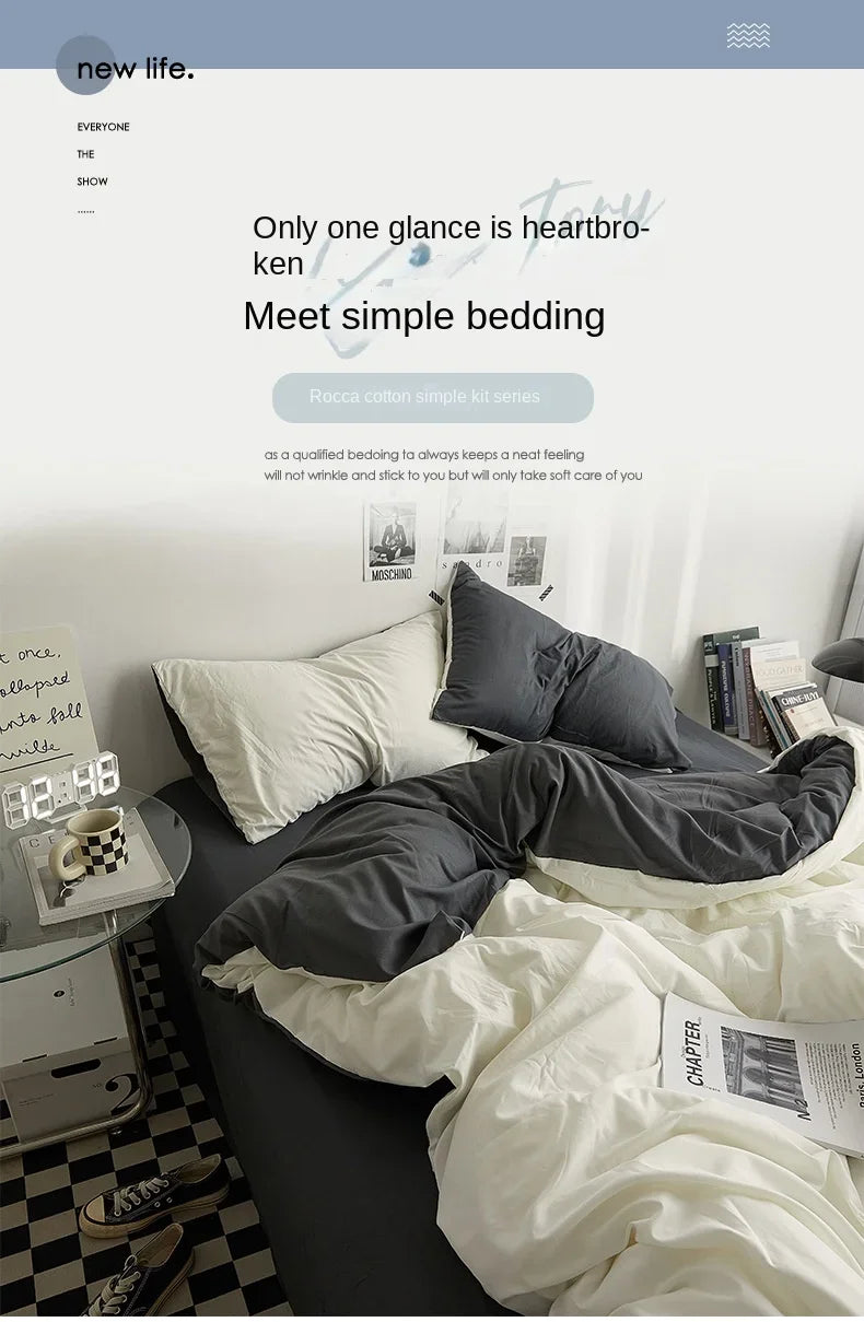 Solid Color Washed Cotton Bedding Set – 4-Piece Duvet Cover, Bed Sheet & Pillowcases, Twin to King