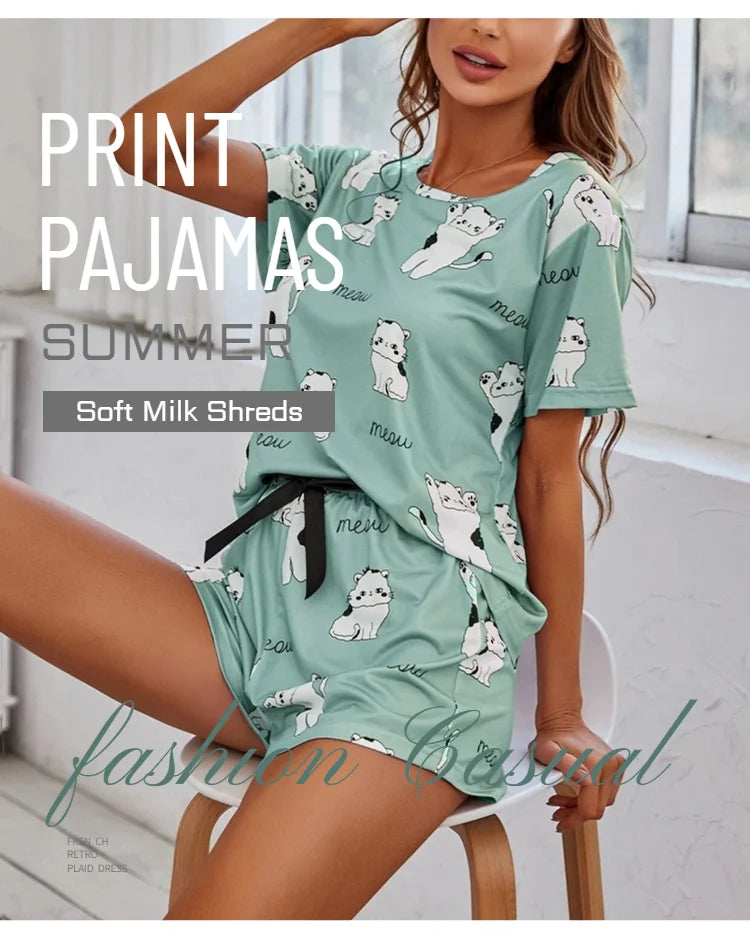 Cartoon Print 2-Piece Pajama Set — Short Sleeve Top & Pants