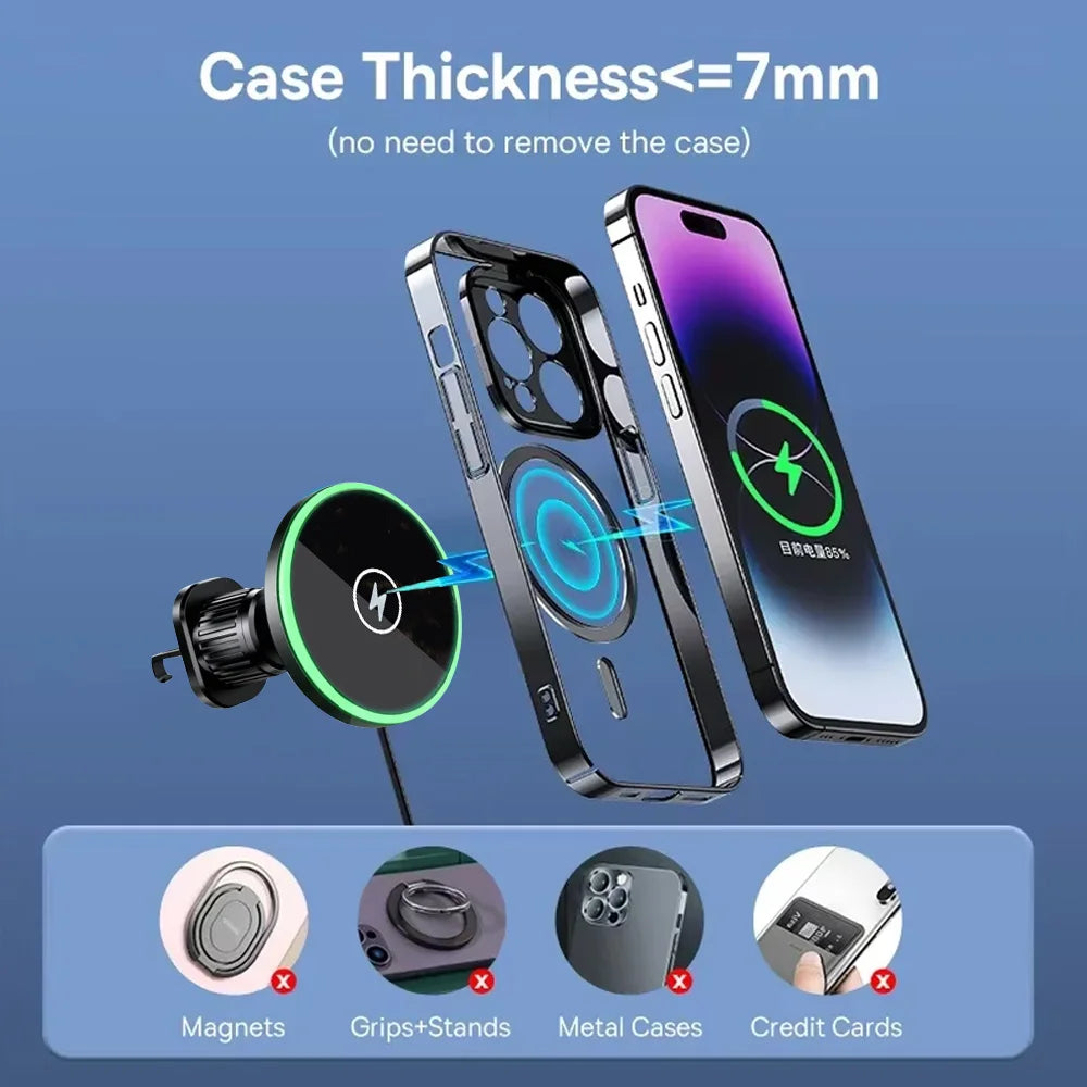 30W Magnetic Car Wireless Charger with LED Light – Phone Mount for iPhone 12–17 Pro Max