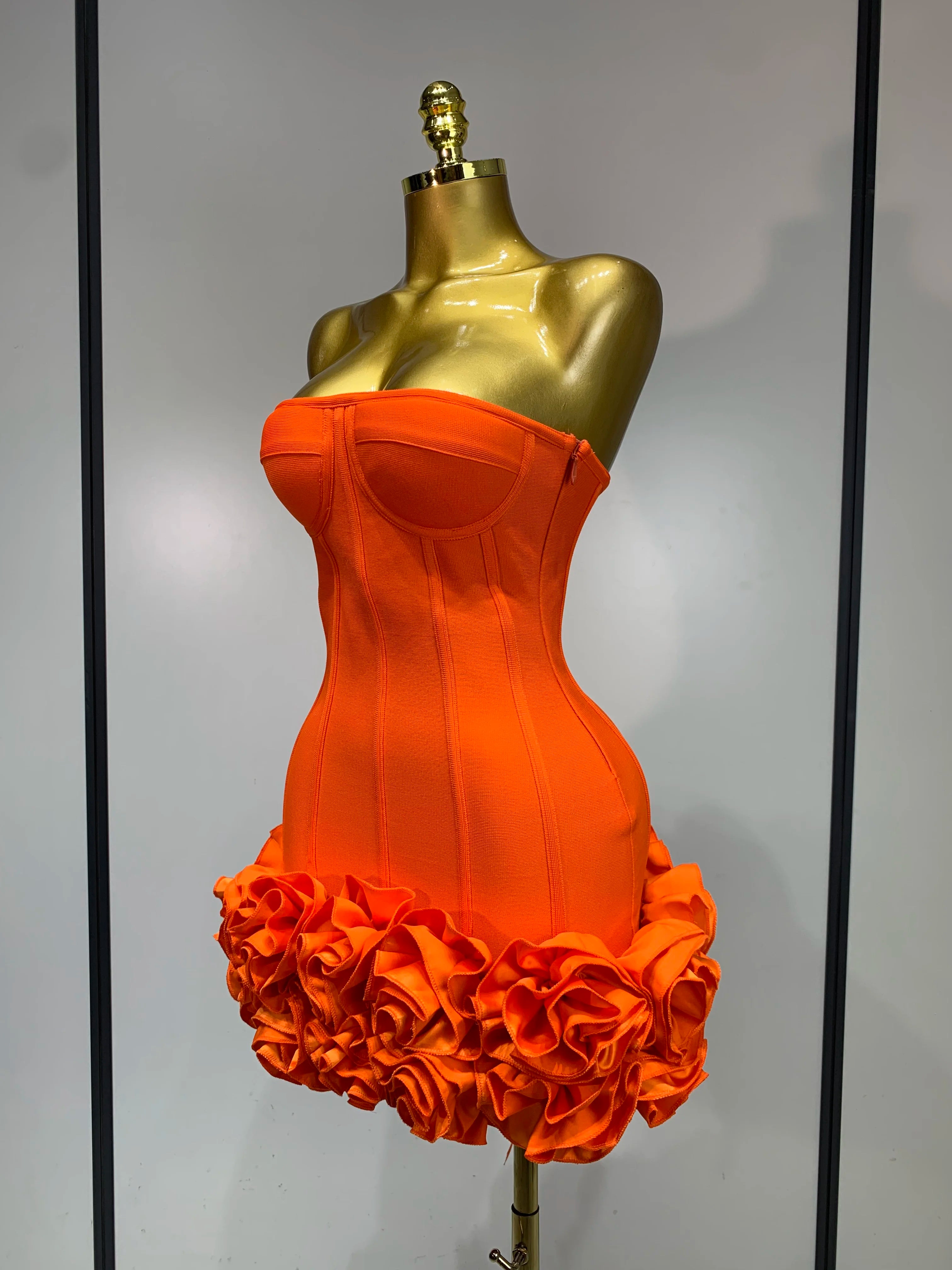 Flower Embellished Strapless Bandage Mini Dress — Backless Bodycon Celebrity Party Dress