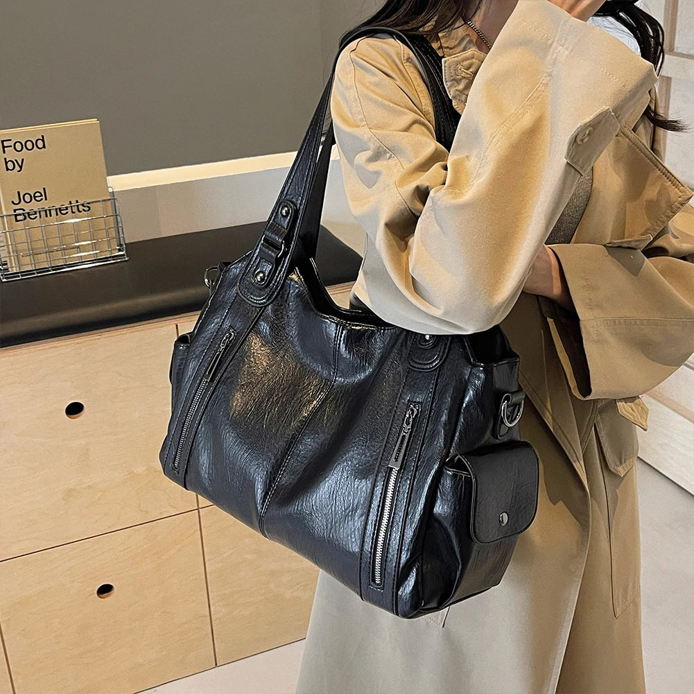 PU Leather Tote Bag with Zipper for Women — Multi-Pocket Shoulder Bag, Retro Crossbody Handbag