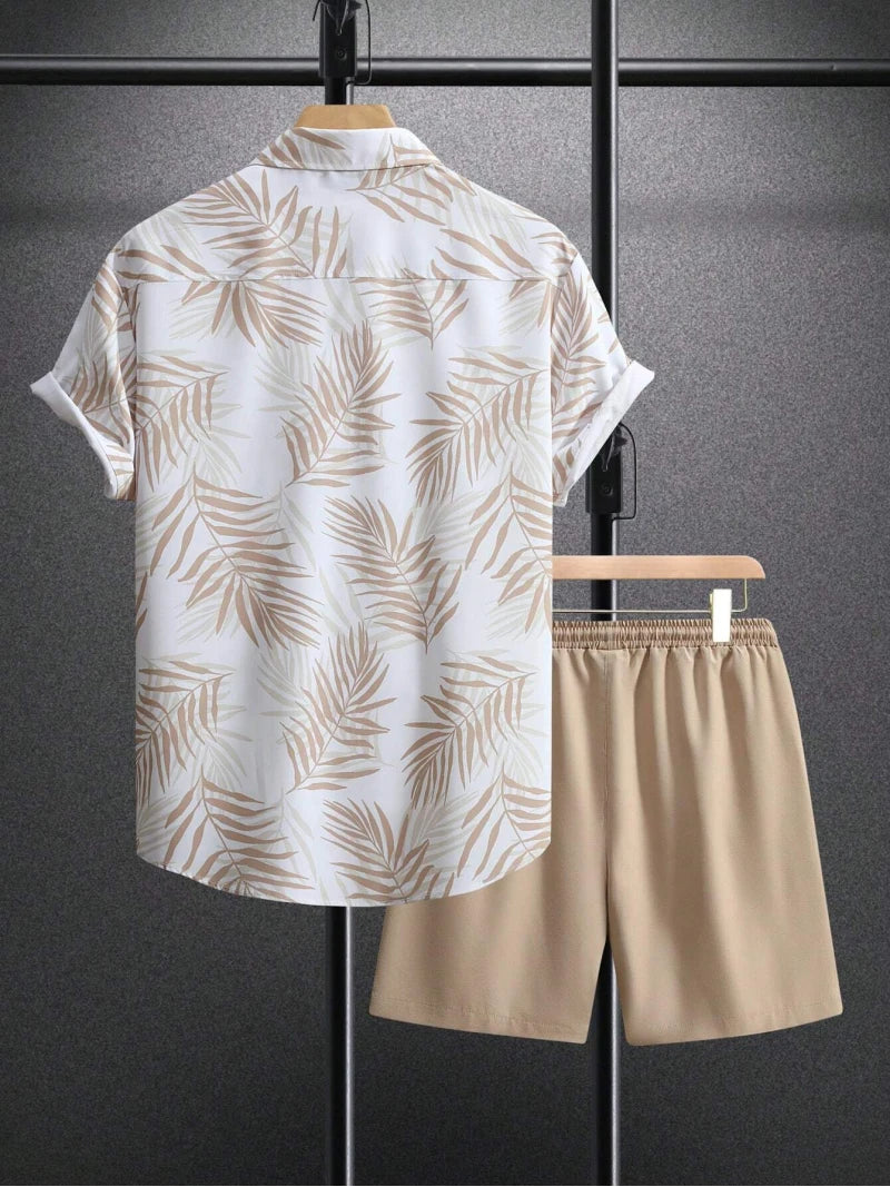 Men's Elegant Plant Print Lapel Shirt & Drawstring Shorts Set – Leisure Summer 2-Piece Suit