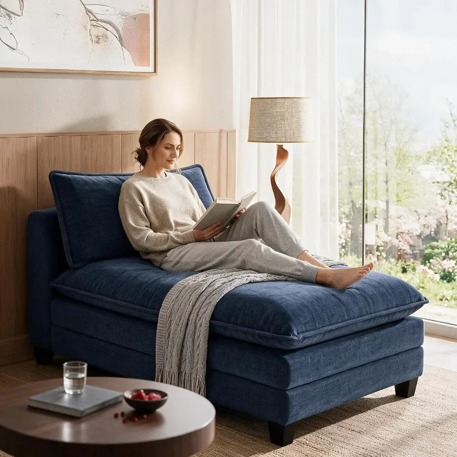 Deep-Seat Chenille Chaise Lounge with Ottoman