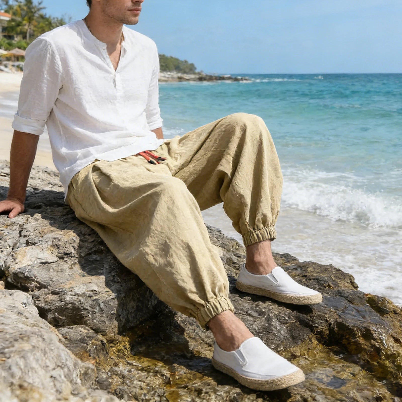 Men's Chinese Style Holiday Beach Pants — Relaxed Fit Printed Vacation Trousers