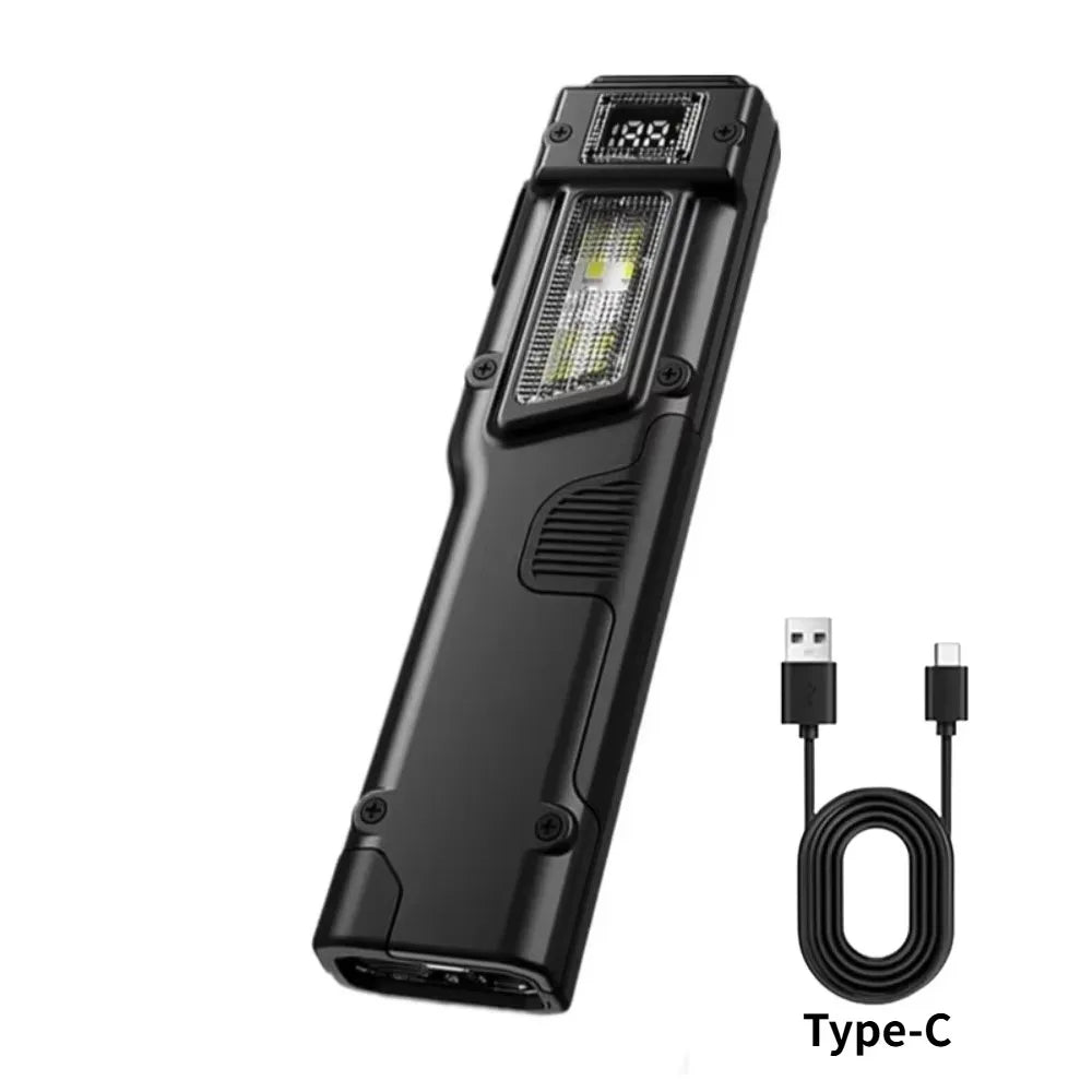 Ultra-Thin EDC Penlight – USB-C Rechargeable, LCD Battery Display, White/Red/UV Side Light, Back Clip