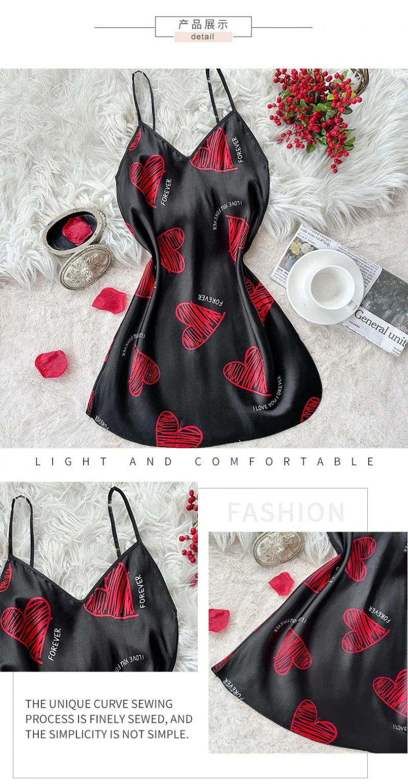 Red Lip Print Satin Slip Nightdress — V-Neck Backless Mini Sleep Dress