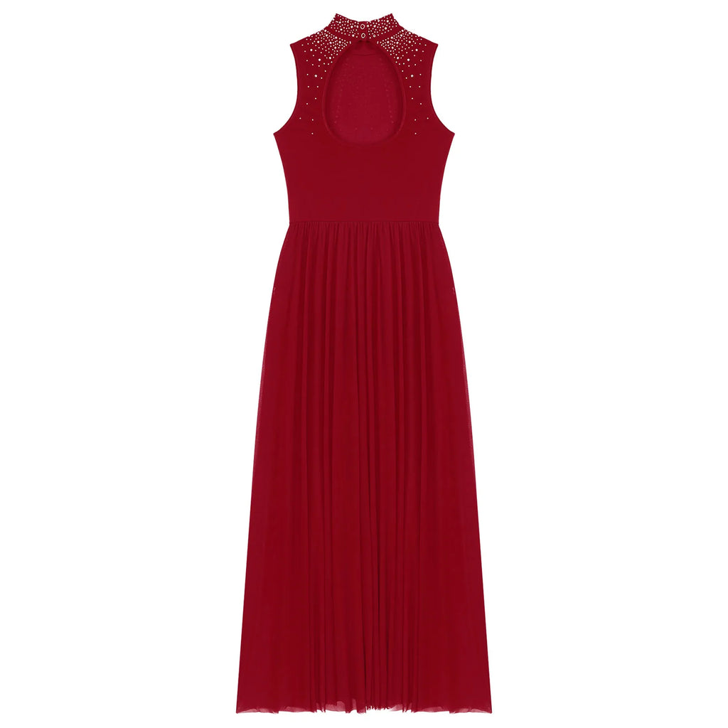 Rhinestone Maxi Sleeveless Contemporary Dance Dress — Mock Neck Wide Hemline Lyrical Leotard