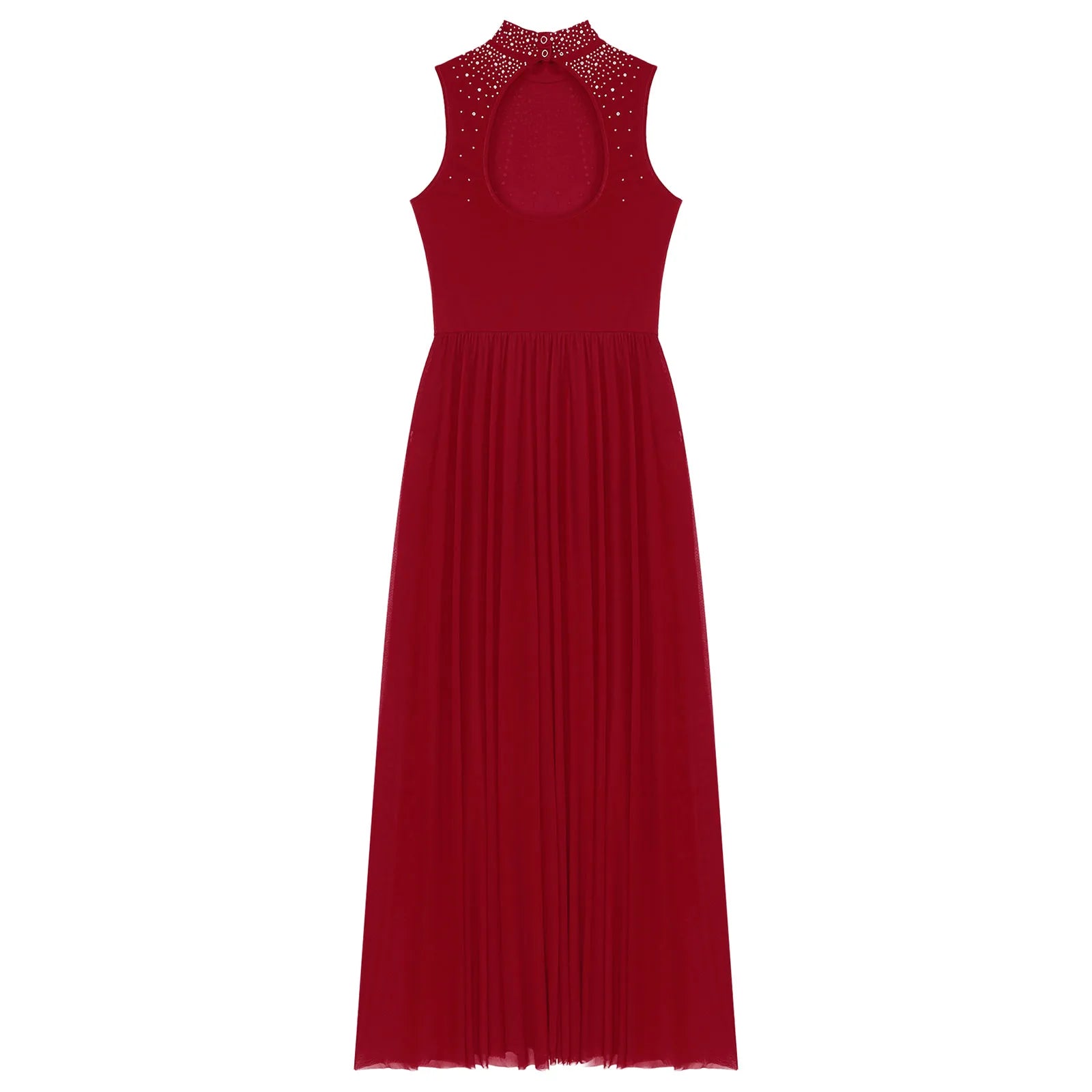 Rhinestone Maxi Sleeveless Contemporary Dance Dress — Mock Neck Wide Hemline Lyrical Leotard