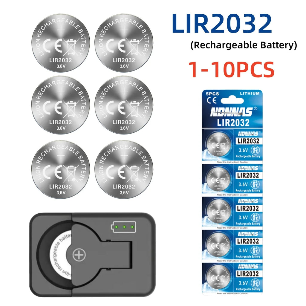 LIR2032 3.6V Rechargeable Button Battery – Lithium Coin Cell for Car Keys with Charger Option