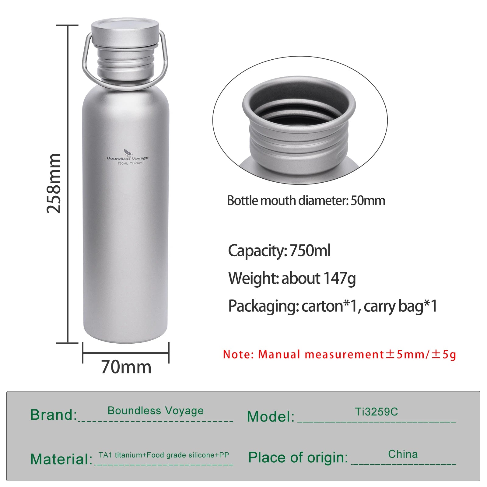 Boundless Voyage TA1 Pure Titanium Wide-Mouth Water Bottle – Ultralight Sport Bottle for Camping, Hiking & Travel