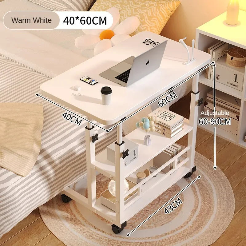 Mobile Adjustable Height Desk with Storage Shelf — Rolling Bedside Desk, Optional USB Fan & Light, 60–90cm