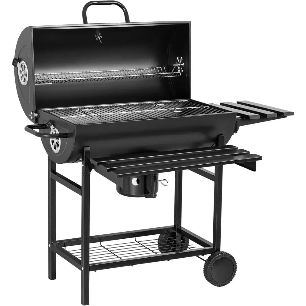 Barrel-Style BBQ Grill | 565 Sq. In., Triple Racks, Built-in Thermometer, Chrome-Plated Iron, Adjustable Ash Catcher