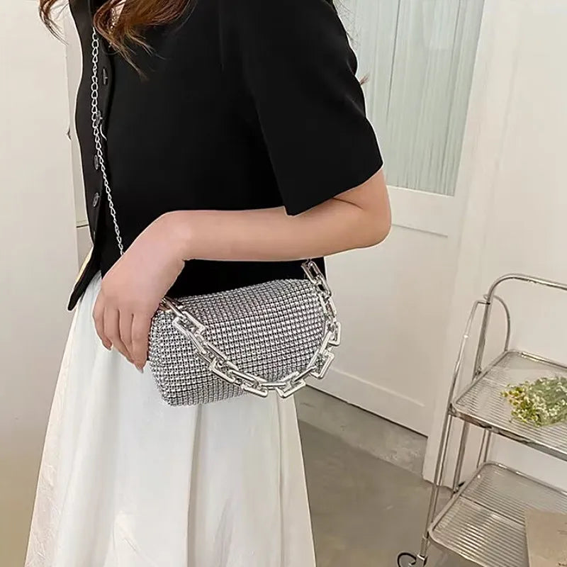 Rhinestone Glitter Mini Crossbody Bag – Chain Prom Purse Pillow Shoulder Bag for Women